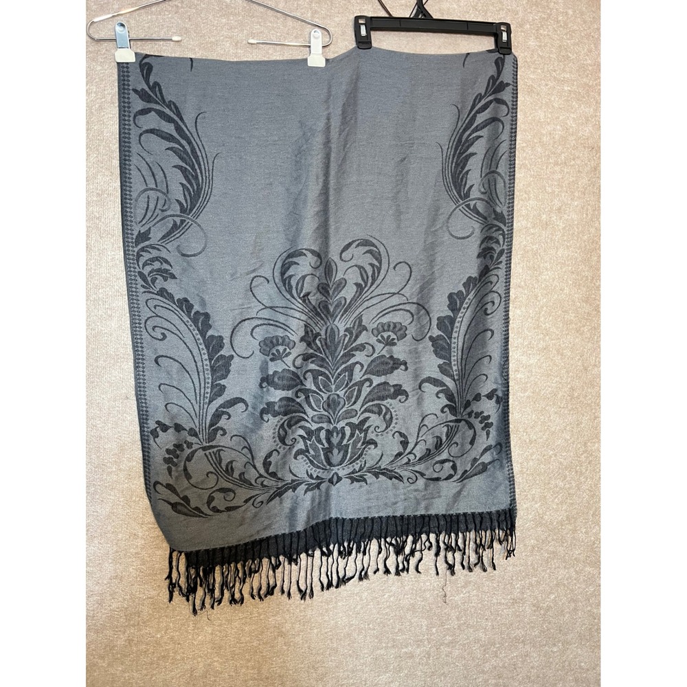 Gray Black Woven Shawl Wrap Floral Damask Fringe Tassel Elegant Evening Scarf